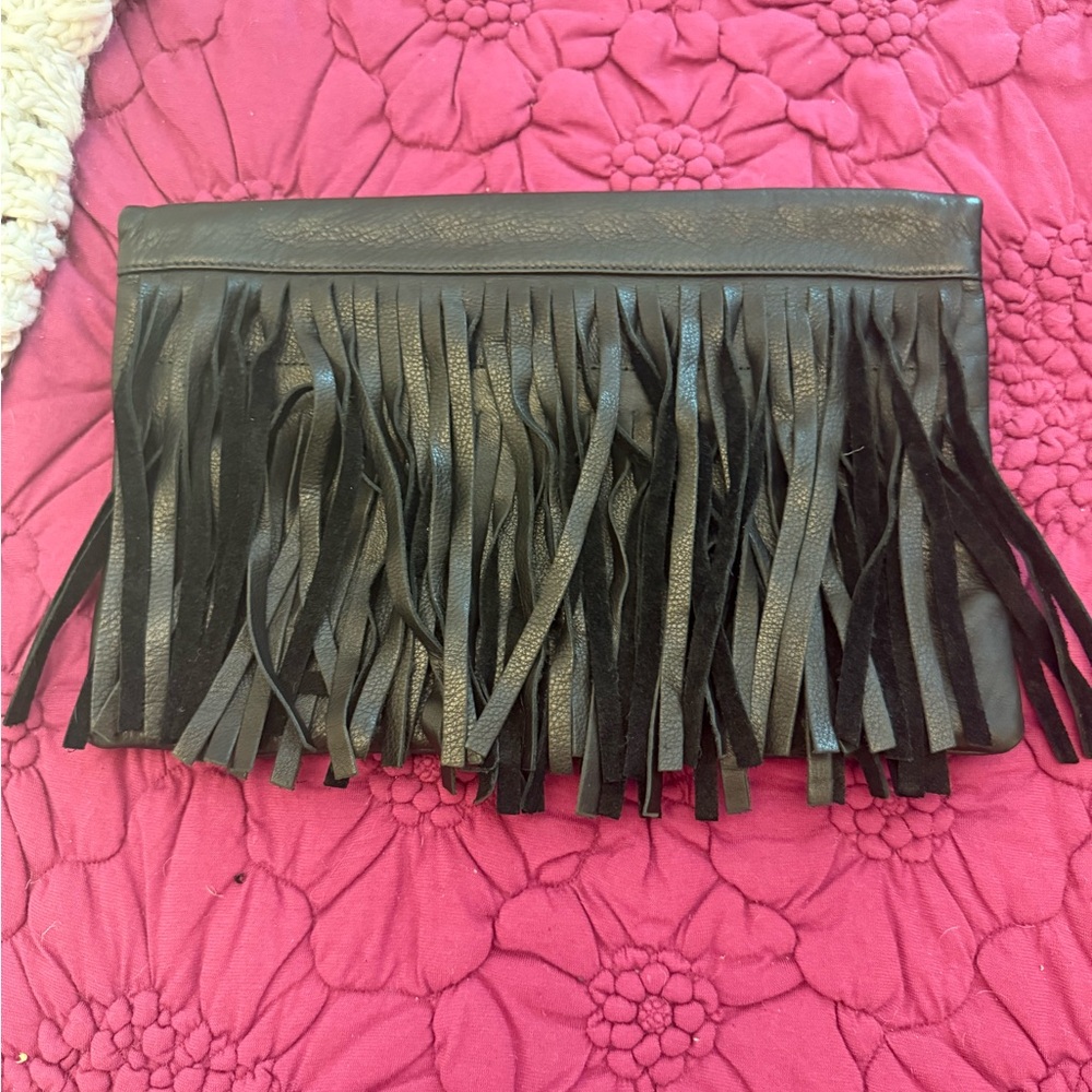 Black Fringe Leather Clutch